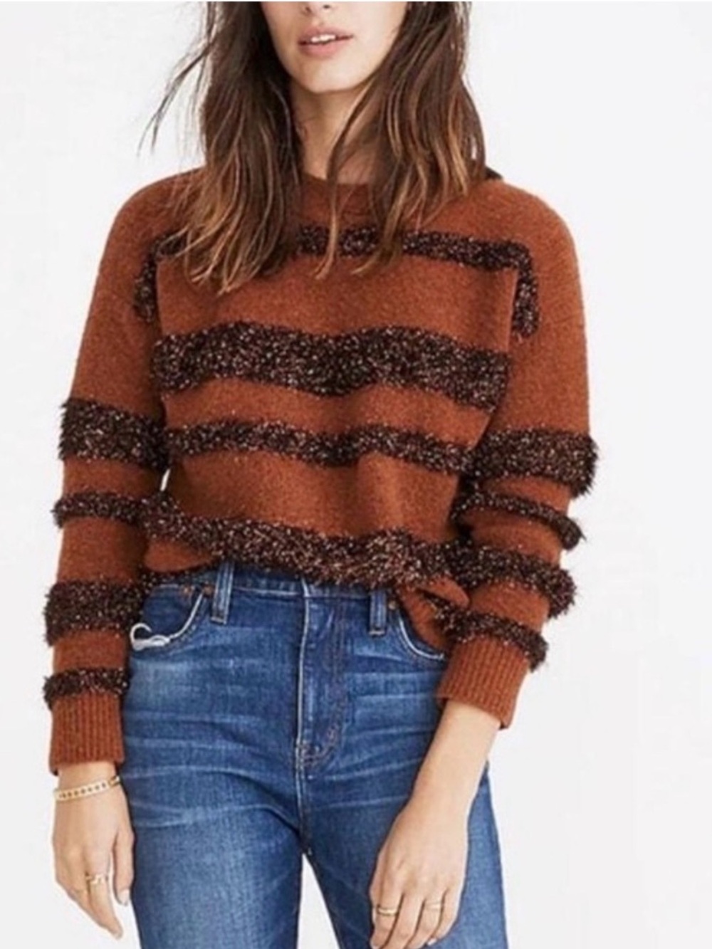 Madewell Brown Crewneck Sweater with Black Stripes Size Large Tinsel Metallic